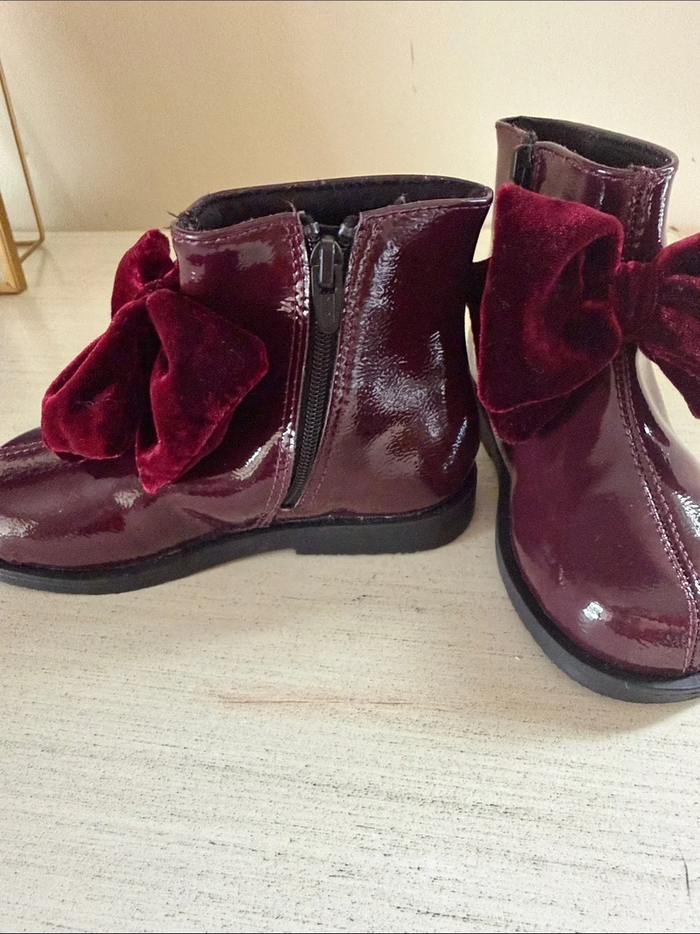 Zara Girls Burgundy Patent Ankle Boots with Velvet Bow